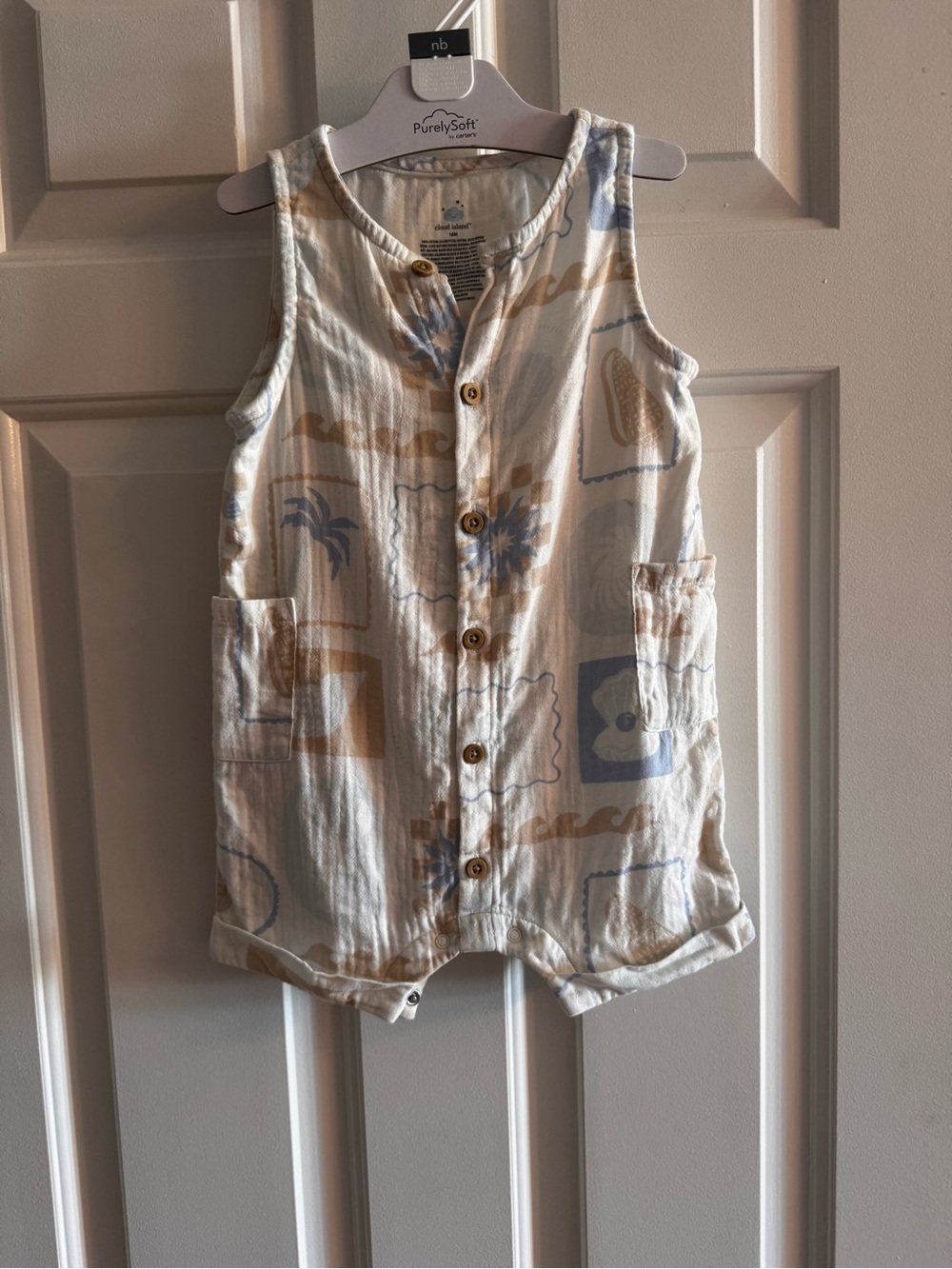 cloud island Cream, Light Blue & Tan Sleeveless Romper